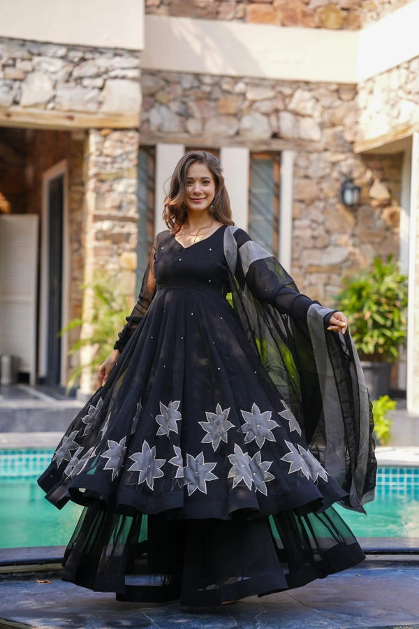 Stylish Black Georgette Handpainted Anarkali Suit