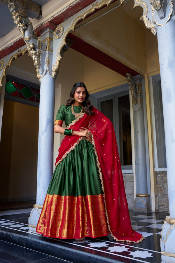 Blissful Zari Weaving Work Green & Red Color Lehenga Choli