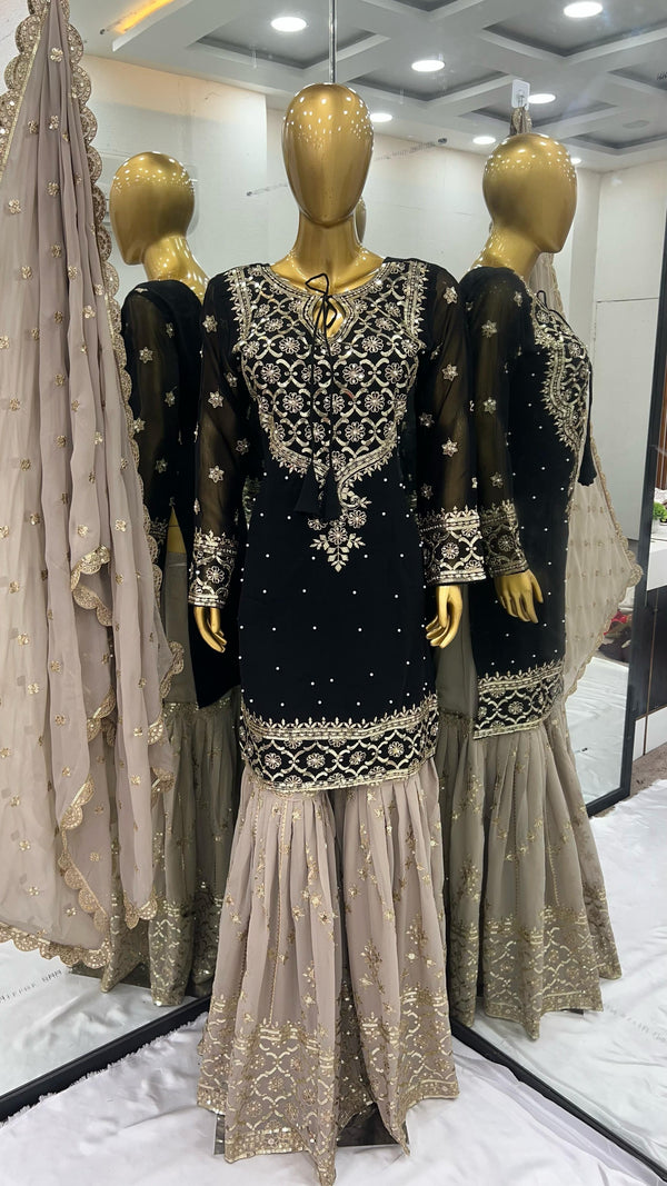 Presenting Embroidery Sequence Work Black Color Sharara Suit
