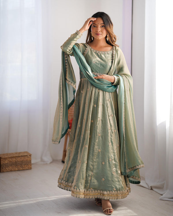 Fancy Sequence Work Green Color Silk Gown