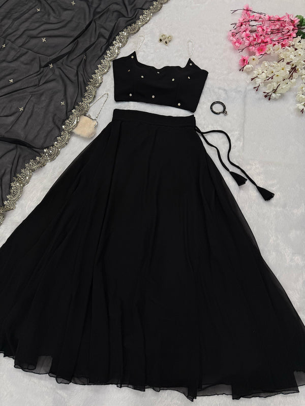Designer Pearl Work Black Color Lehenga Set