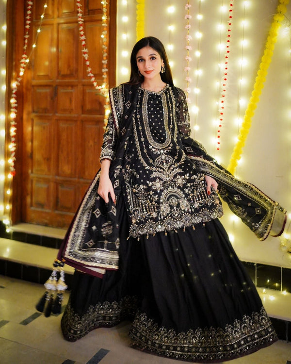 Stylish Black Color Embroidery Work Georgette Sharara Suit