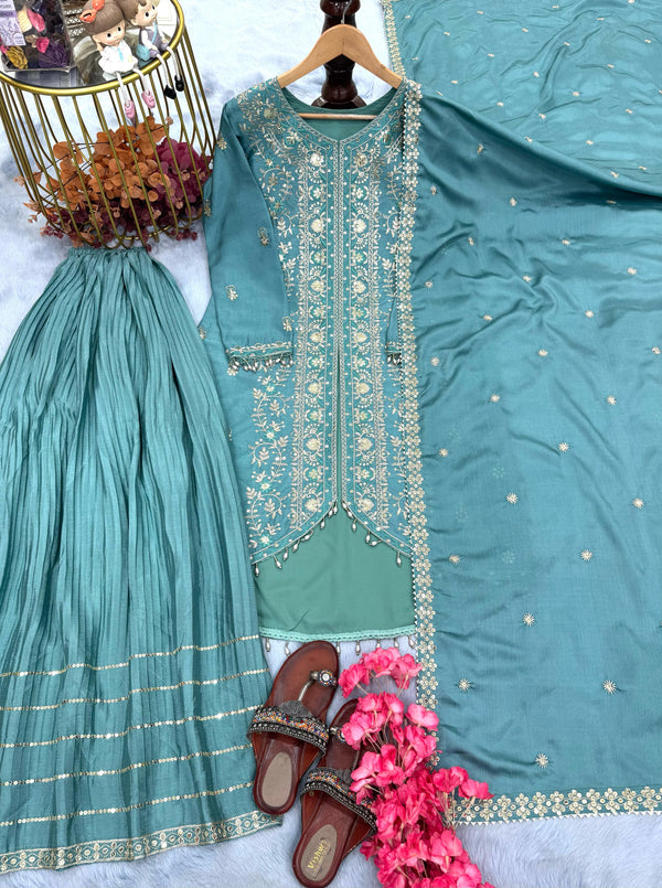 Demanding Sky Blue Color Chinon Silk Sharara Suit
