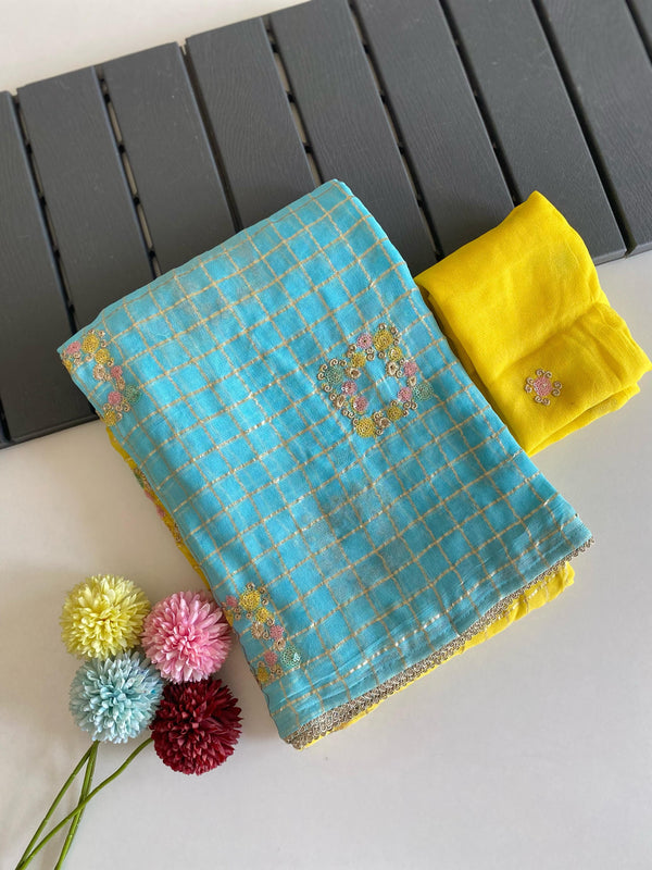 Glimmering Viscose Chiffon Sky Blue & Yellow Color Saree