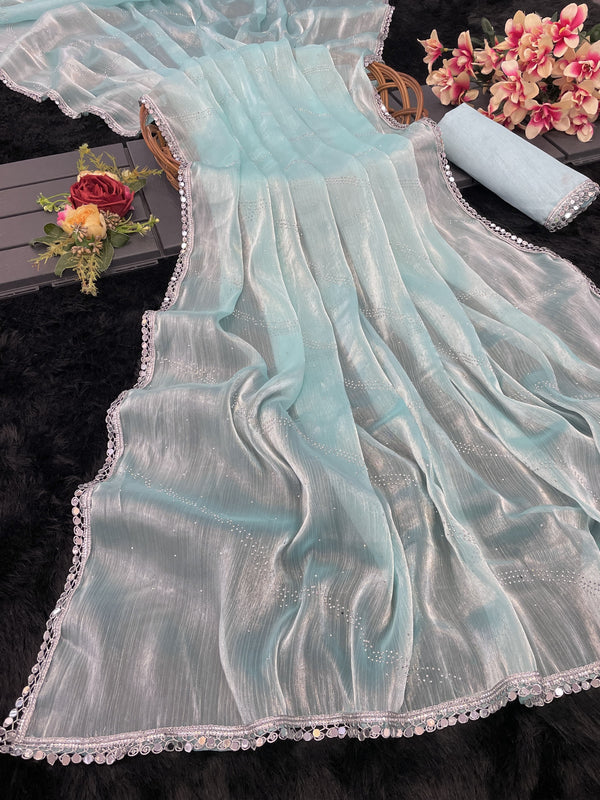 Eyes Catching Burberry Silk Sky Blue Color Saree