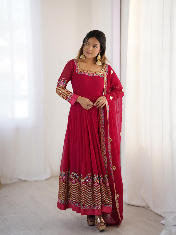 Glorious Red Georgette Embroidery Work Gown