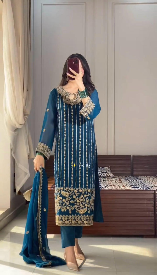 Graceful Chinon Silk Embroidery Work Teal Blue Salwar Suit