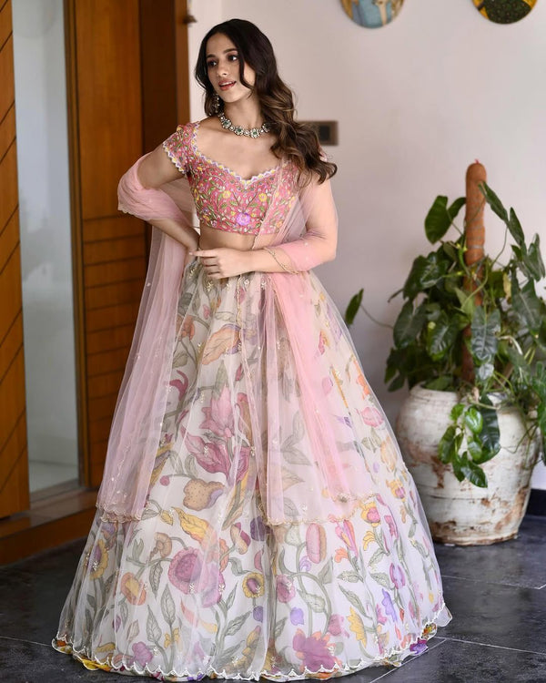 Chinon Silk Light Pink Color Printed Marriage Special Lehenga