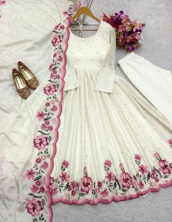 Chinon Silk White Color Festive Wear Gown