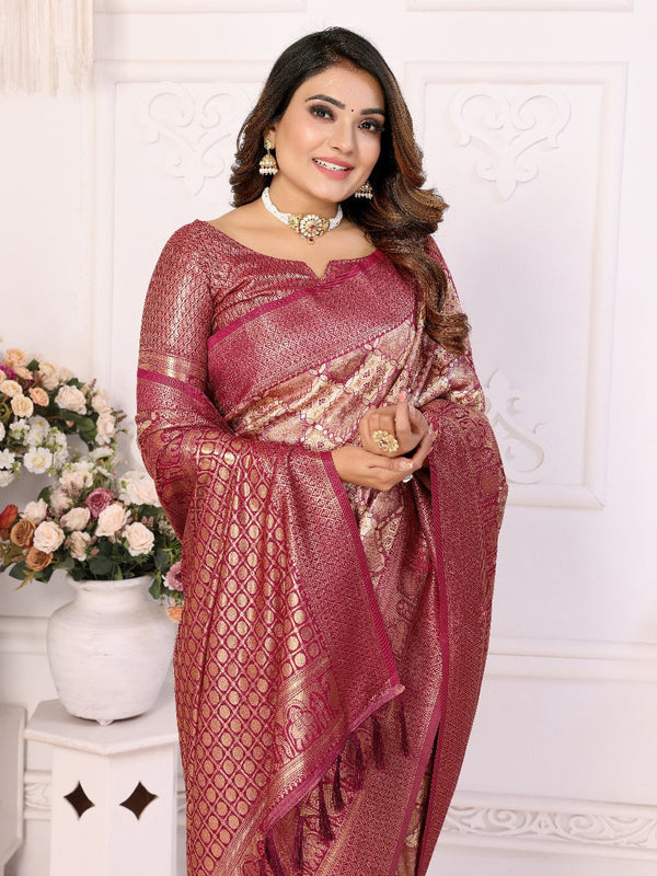 Glimmering Jari Silk  Wine Color Saree