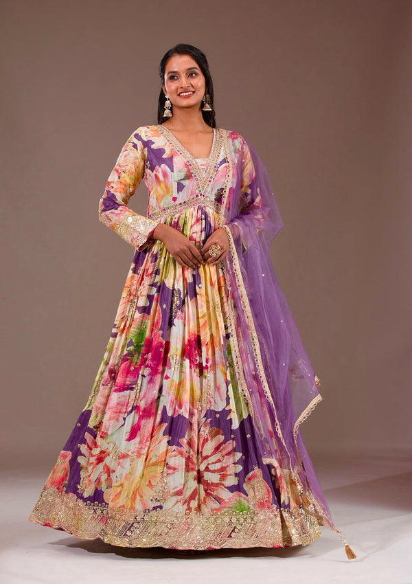 Stylish Multi Color Chinon Silk Embroidery Work Gown