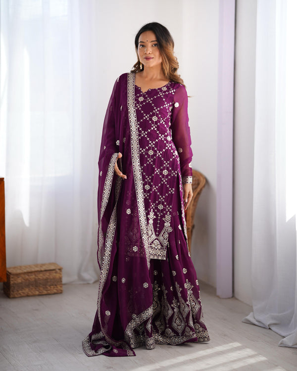 Adorable Georgette Thred Work Wine Color Sharara Suit