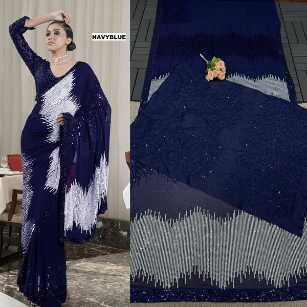 Adorable Georgette Navy Blue Color Saree
