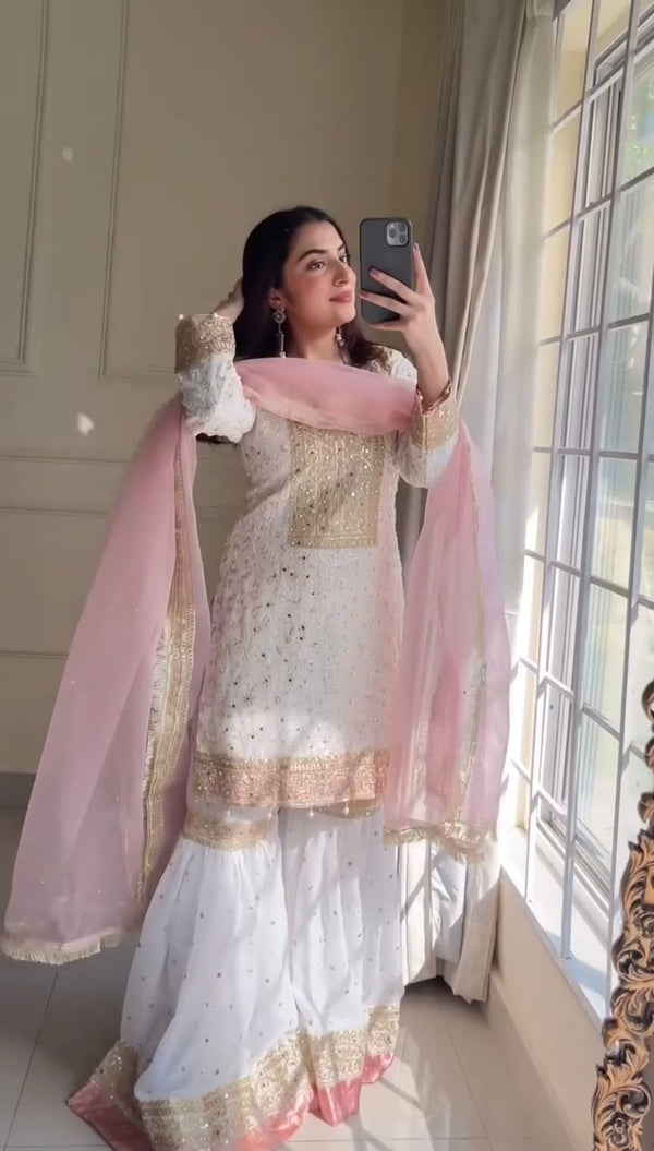 Sequence Work Georgette White Color Beautiful Sharara Suit