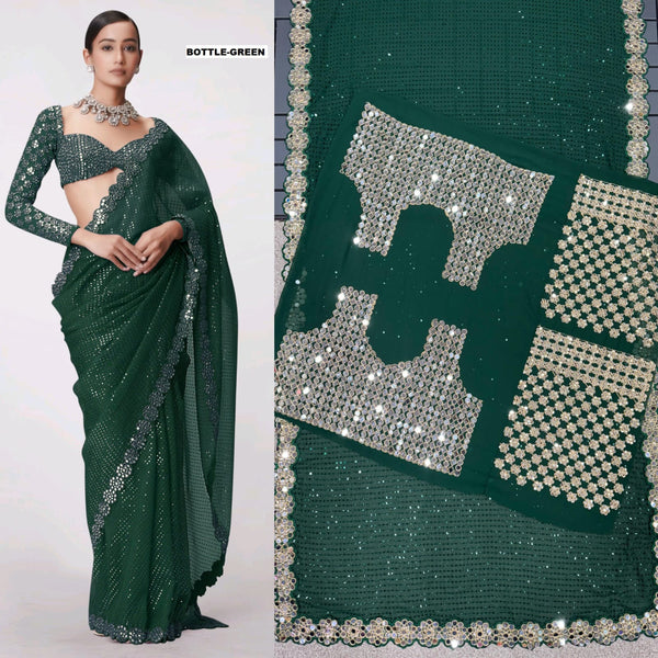 Stylish Georgette Original Mirror Green Color Saree