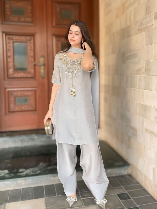 Beads Work Grey Color Patiala Style Salwar Suit