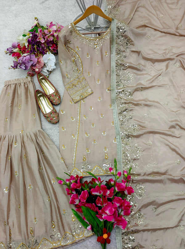 Ceremony Wear Chinon Silk Beige Color Sharara Suit