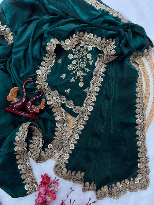 Green Color Sequence Work Silk Saree