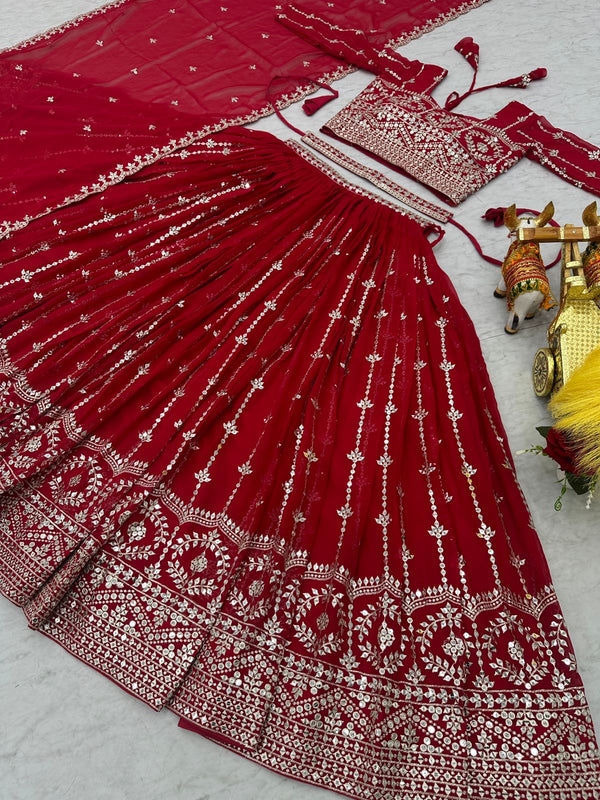 Designer Georgette Sequence Work Red Color Lehenga Choli