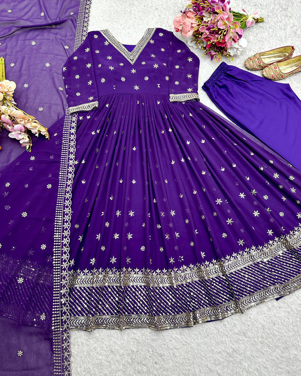 Purple Color Georgette Sequence Work Designer Gown