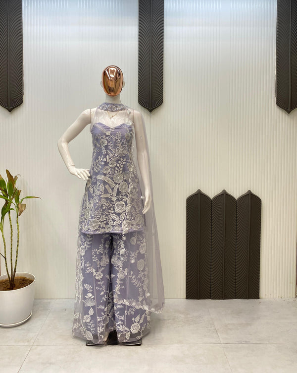 Adorable Embroidery Work Lavender Color Palazzo Suit