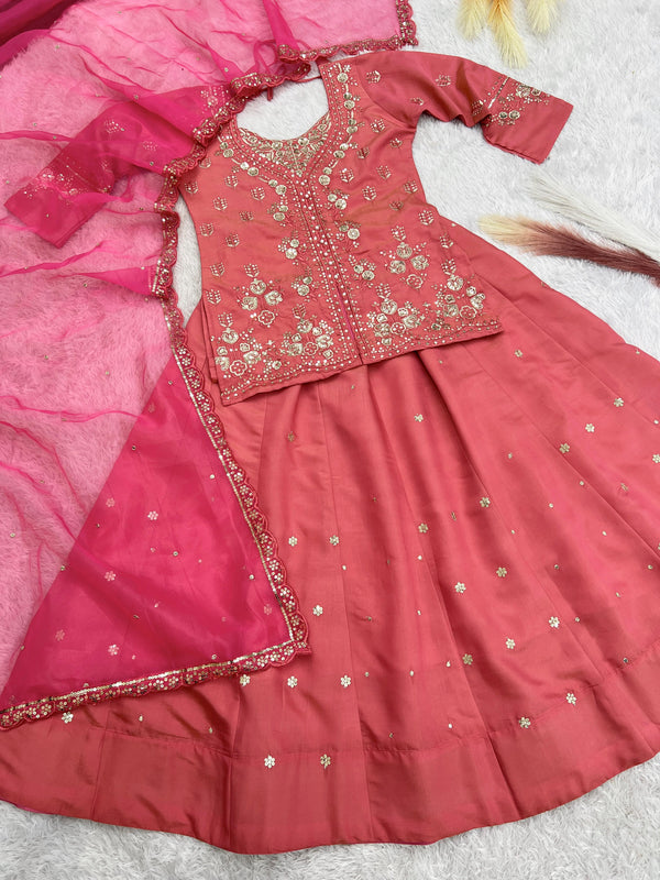 Designer Roman Shimmer Silk Peach Color Top With Lehenga