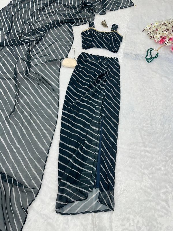 Stylish Black Color Draped Skirt With Top & Dupatta