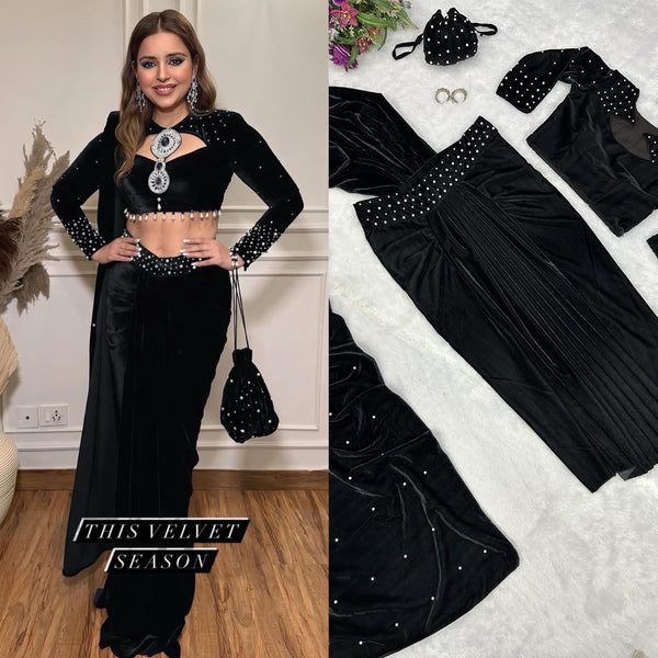 Party Wear Black Color Moti Work Lehenga Saree