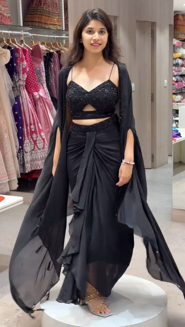 Blissful Black Color Dhoti Suit With Shrug