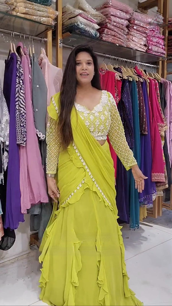 Beautiful Lemon Color Ready To Wear Lehenga Saree