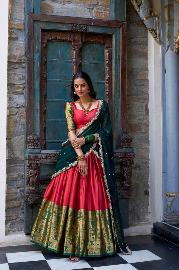 Blissful Zari Weaving Work Red & Green Color Lehenga Choli