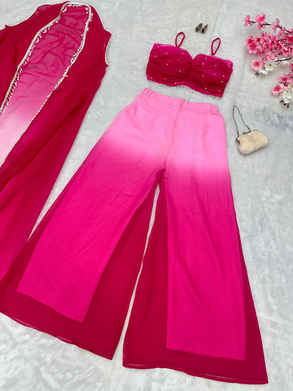 Outstanding Double Shaded Pink Color Palazzo Top With Shrug