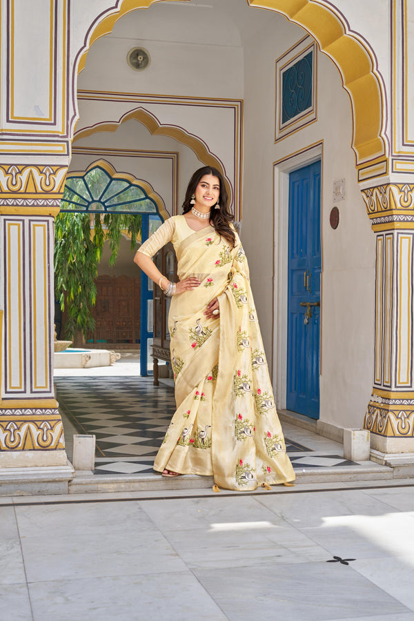 Attractive Embroidered Work Cream Color Saree