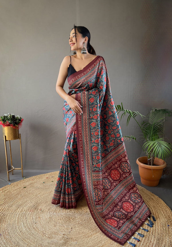 Opulent Teal Blue Color Digital Print Saree