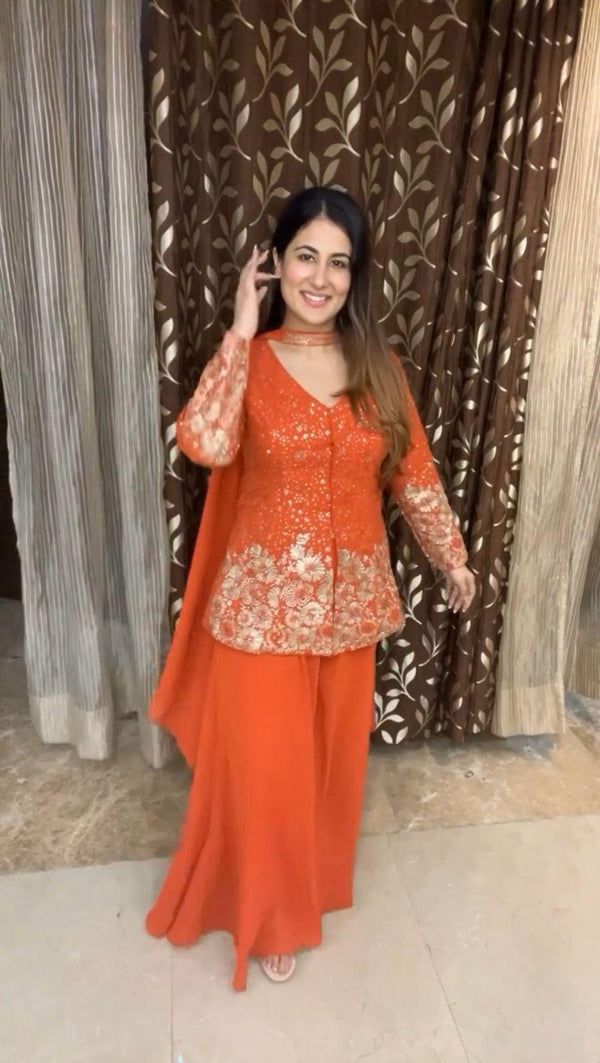 Stunning Georgette Orange Color Sharara Suit