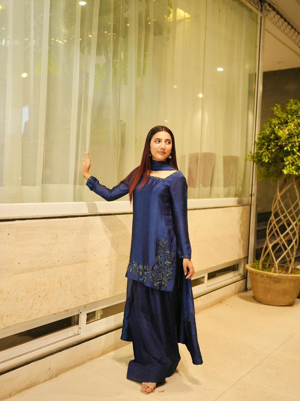 Navy Blue Color Beads Work Patiala Style Salwar Suit
