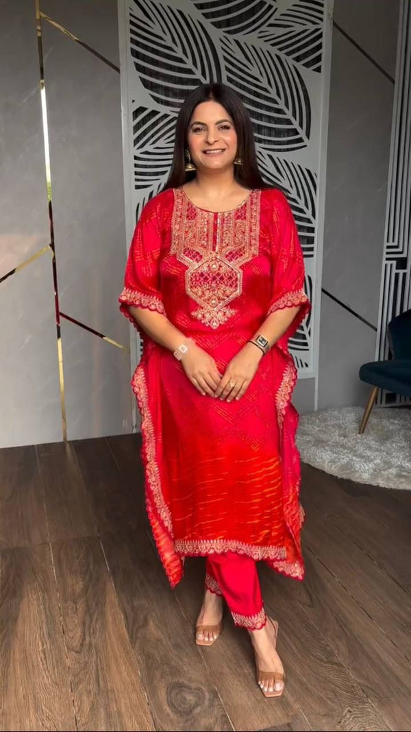 Blissful Chinon Embroidered Work Pink & Orange Color Kaftan Suit