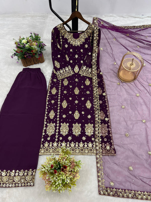 Good Looking Embroidery Work Wine Color Palazzo Suit