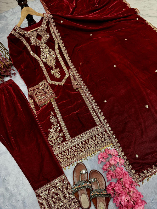 Delightful Sequence And Coding Dori Work Red Color Sharara Suit