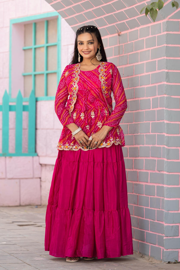 Charming Pink Color Bandhej Top With Lehenga With Koti