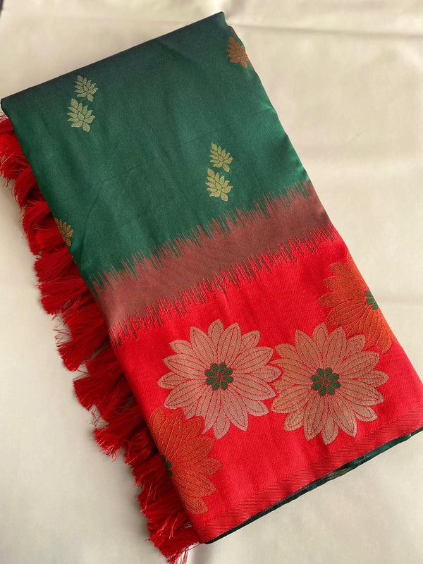 Lovely Floral Zari Weaving Border Green Color Silk Saree