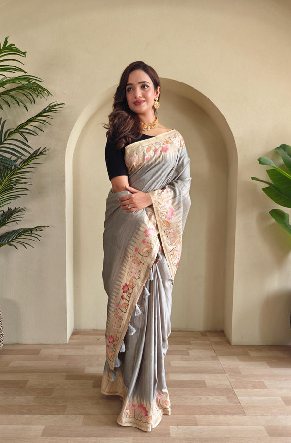 Grey Color Festival Special Tussar Saree