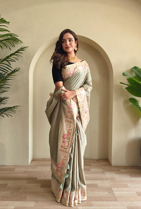 Green Color Festival Special Tussar Saree