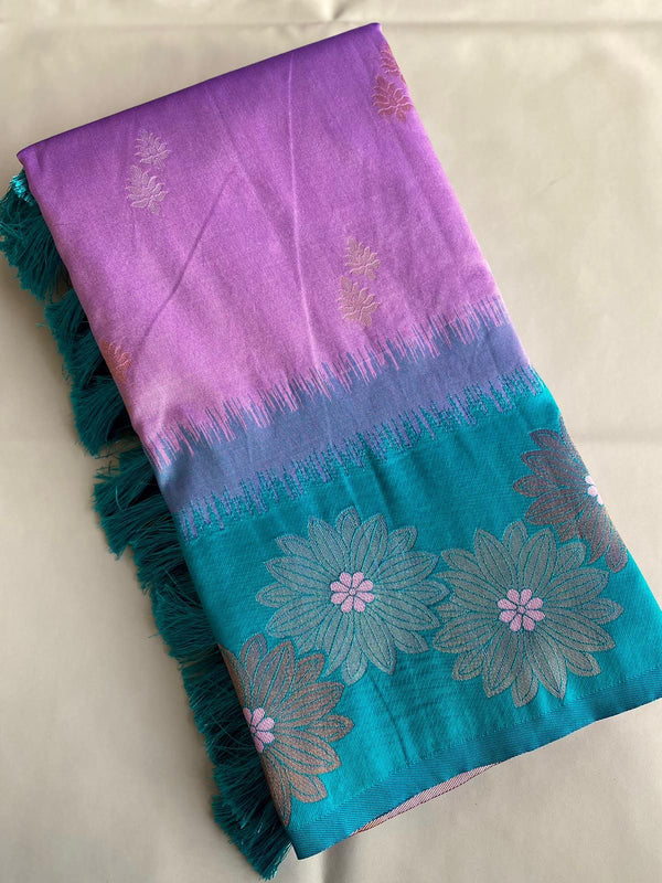 Lovely Floral Zari Weaving Border Lavender Color Silk Saree