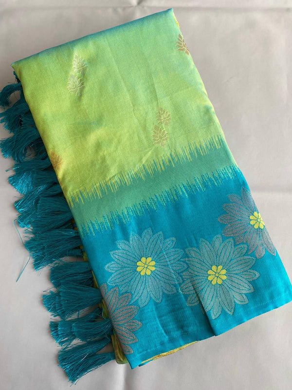 Lovely Floral Zari Weaving Border Light Green Color Silk Saree