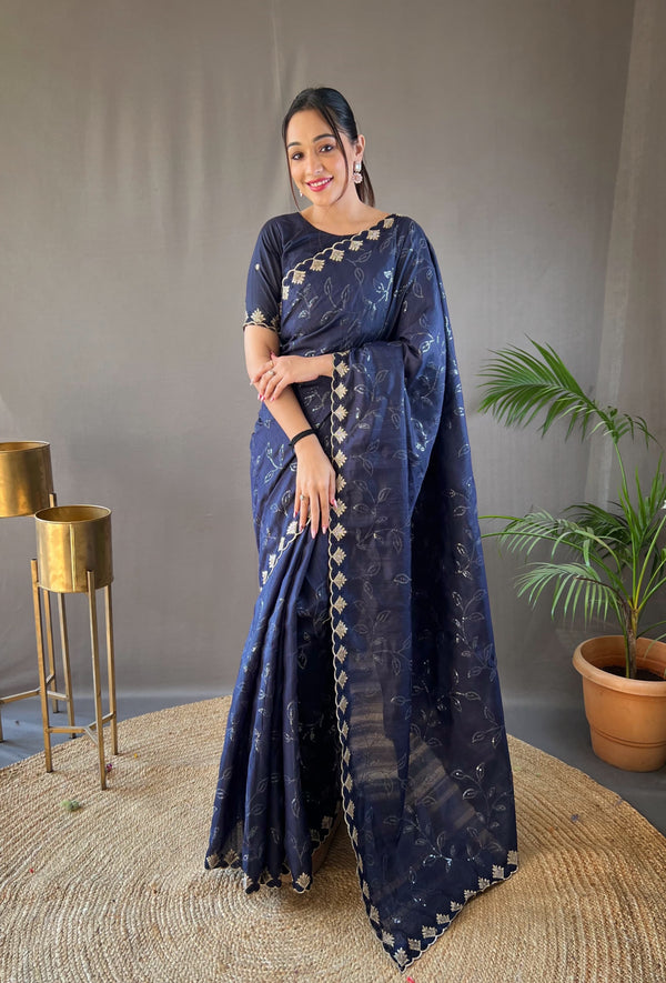 Ready To Wear Sequence With Cut Work Navy Blue Color Saree