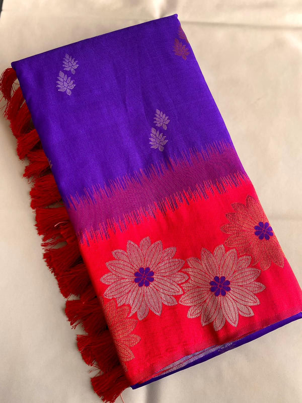 Lovely Floral Zari Weaving Border Navy Blue Color Silk Saree