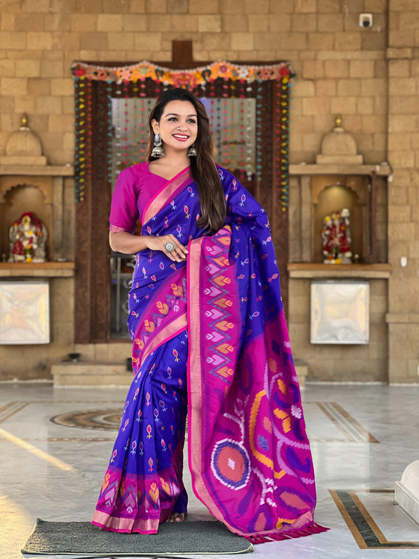 Navy Blue Color Patola Weaving Border Silk Saree