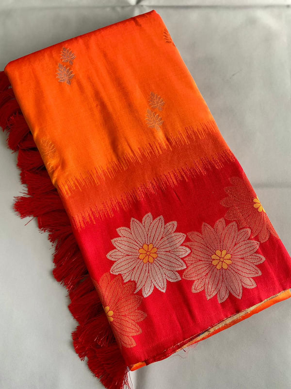 Lovely Floral Zari Weaving Border Orange Color Silk Saree