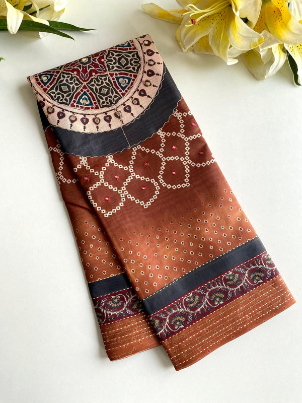 Delightful Bandhani Print With Work Orange Color Saree